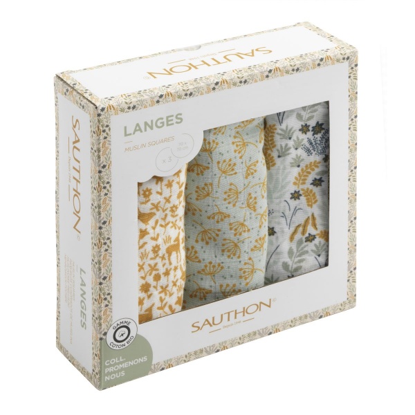 Lot de 3 langes coton bio 70 x 70 promenons nous Sauthon baby deco