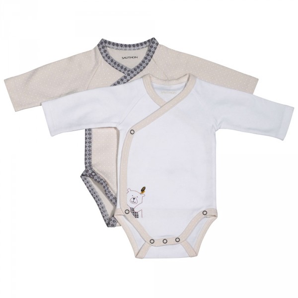 Lot de 2 bodies blanc et beige naissance timouki Sauthon baby deco