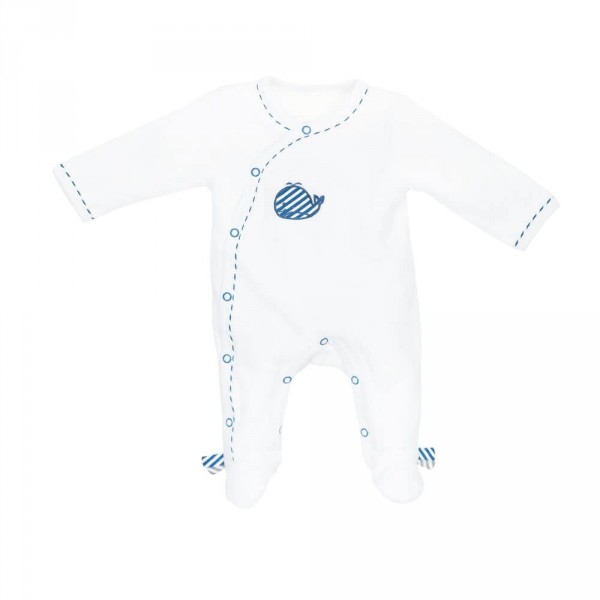 Pyjama bébé velours blanc blue baleine naissance ouverture côté Sauthon baby deco
