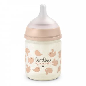 Biberon en verre bébé 120 ml avec tétine sx pro birdies rose Suavinex