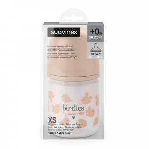Biberon en verre bébé 120 ml avec tétine sx pro birdies rose Suavinex