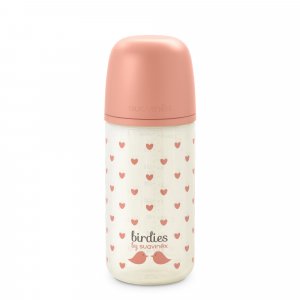 Biberon en verre bébé 240 ml avec tétine sx pro birdies rose Suavinex