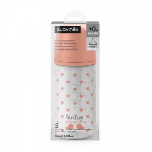 Biberon en verre bébé 240 ml avec tétine sx pro birdies rose Suavinex