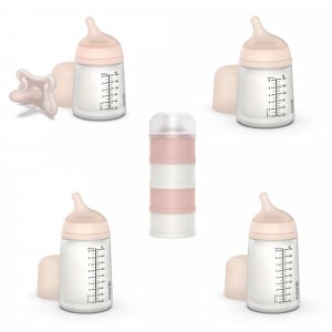 Coffret 4 biberons zerø.zerø et boîte doseuse rose Suavinex