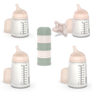 Pack naissance biberons anti colique zerø.zerø et boîte doseuse vert Suavinex