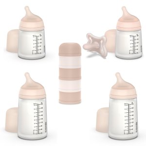 Pack naissance biberons anti colique zerø.zerø et boîte doseuse rose Suavinex