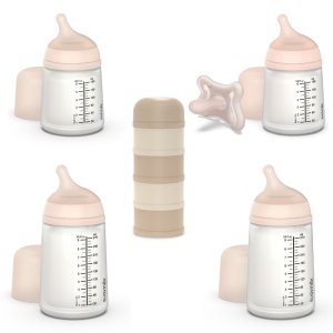 Pack naissance biberons anti colique zerø.zerø et boîte doseuse beige Suavinex