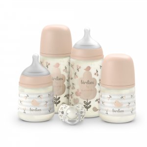 Coffret nouveau-né bébé birdies avec biberons et sucette sx pro rose Suavinex