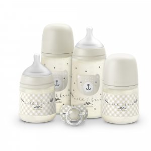 Coffret nouveau-né bébé wild&free avec biberons et sucette sx pro beige Suavinex