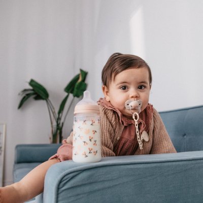 Attache sucette bébé chaîne birdies rose