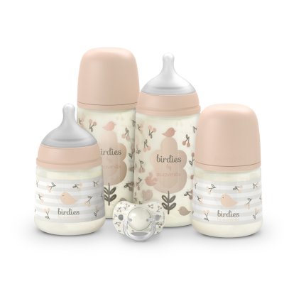 Coffret nouveau-né bébé birdies avec biberons et sucette sx pro rose