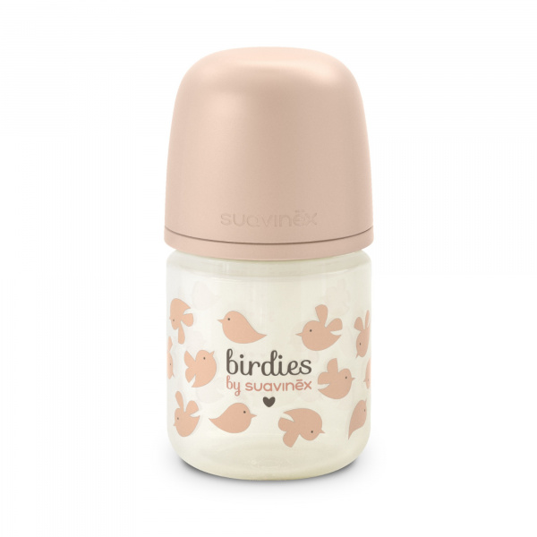 Biberon en verre bébé 120 ml avec tétine sx pro birdies rose Suavinex