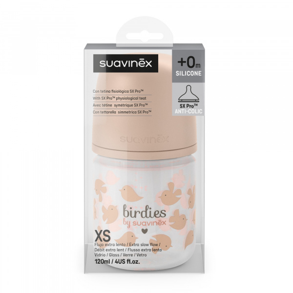 Biberon en verre bébé 120 ml avec tétine sx pro birdies rose Suavinex