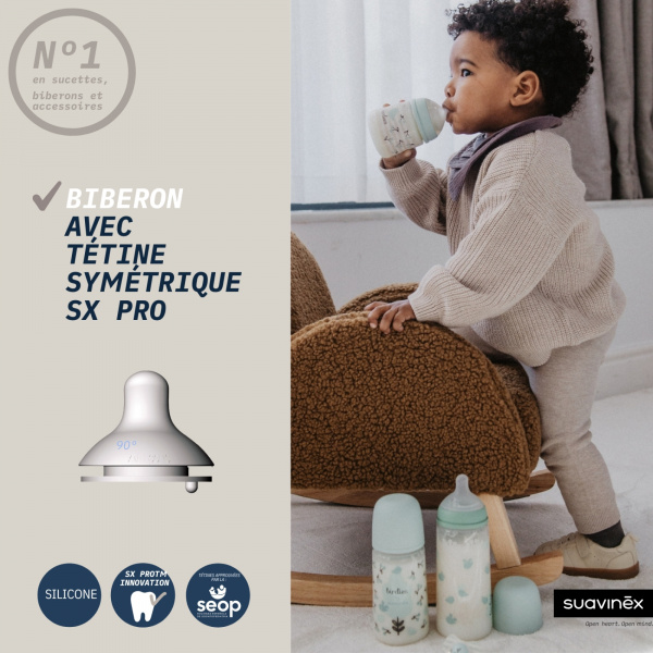 Biberon en verre bébé 120 ml avec tétine sx pro birdies rose Suavinex
