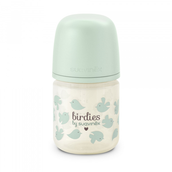 Biberon en verre bébé 120 ml avec tétine sx pro birdies vert Suavinex