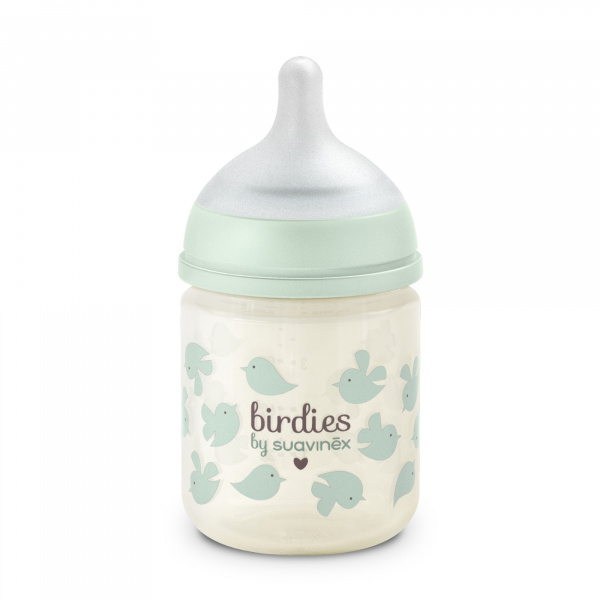 Biberon en verre bébé 120 ml avec tétine sx pro birdies vert Suavinex