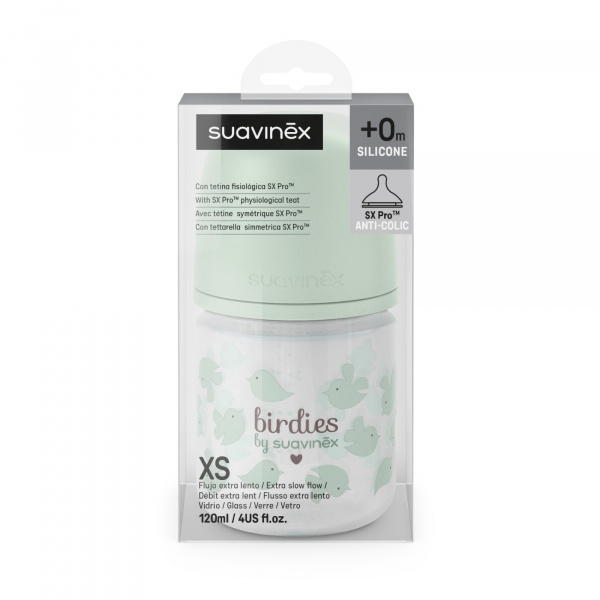 Biberon en verre bébé 120 ml avec tétine sx pro birdies vert Suavinex