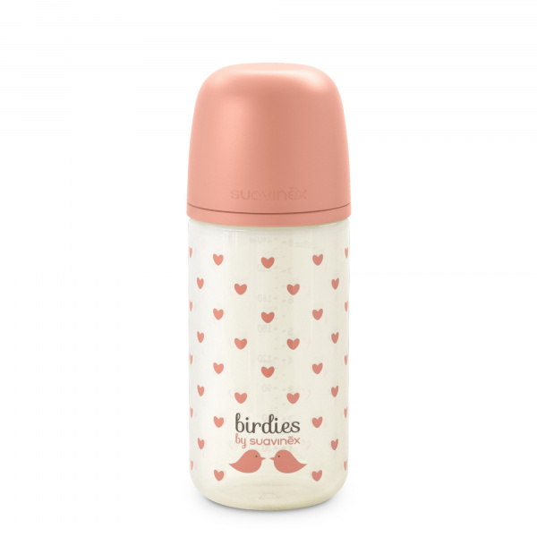 Biberon en verre bébé 240 ml avec tétine sx pro birdies rose Suavinex