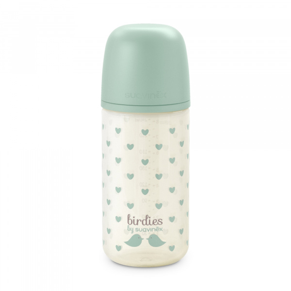 Biberon en verre bébé 240 ml avec tétine sx pro birdies vert Suavinex