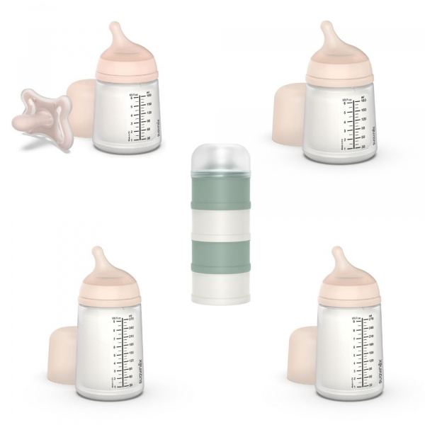 Coffret 4 biberons zerø.zerø et boîte dosseuse vert Suavinex