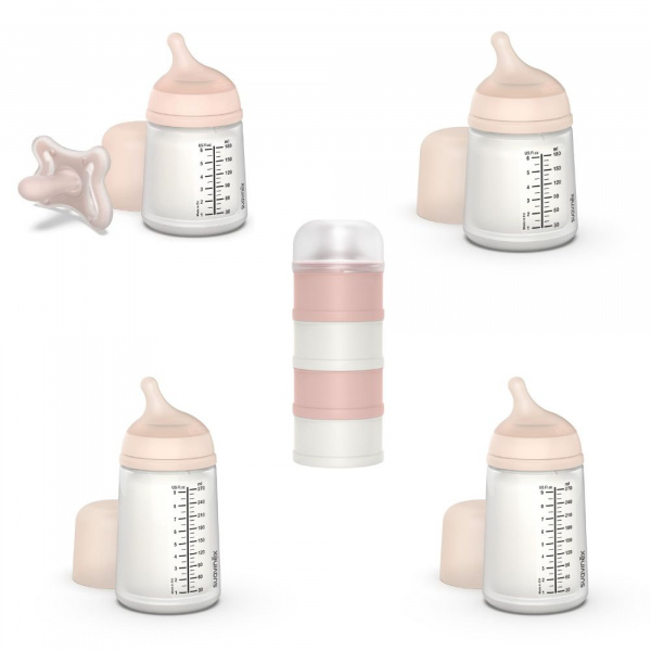 Coffret 4 biberons zerø.zerø et boîte doseuse rose Suavinex