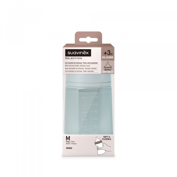 Biberon silicone 240 ml avec tétine sx pro m colour essence bleu Suavinex