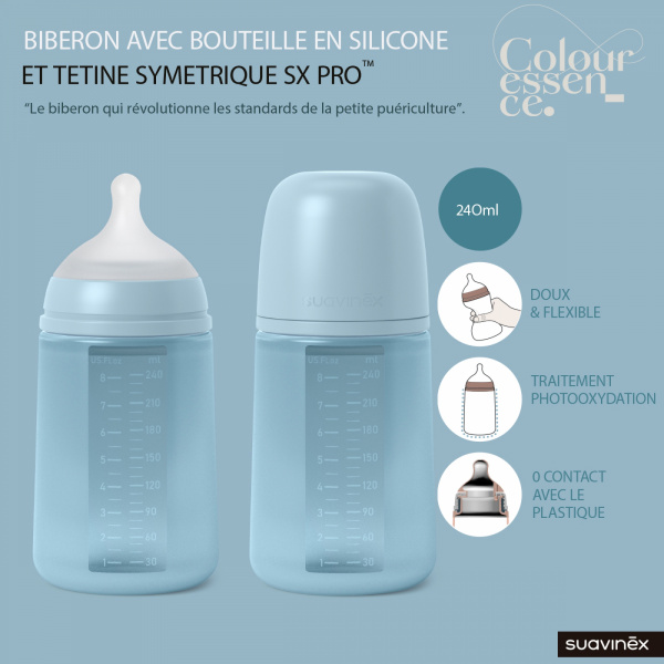 Biberon silicone 240 ml avec tétine sx pro m colour essence rose Suavinex