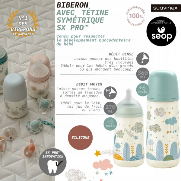 Biberon 270 ml anti-colique avec tétine sx pro débit moyen dreams rose Suavinex