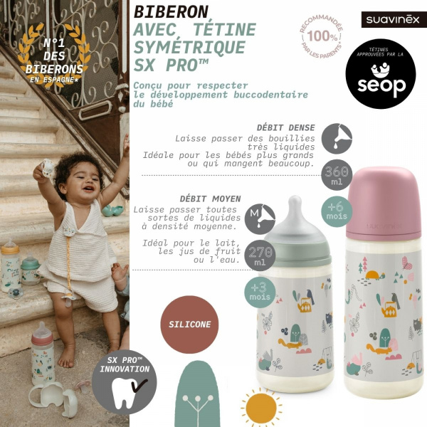 Biberon 270 ml anti-colique avec tétine sx pro débit moyen walk in the park vert Suavinex