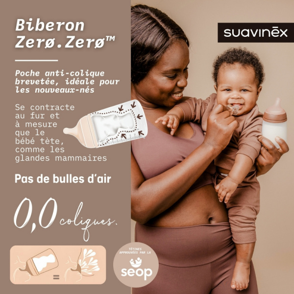 Biberon 270 ml anti-colique zerø.zerø débit moyen light Suavinex