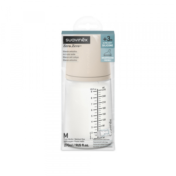 Biberon 270 ml anti-colique zerø.zerø débit moyen light Suavinex