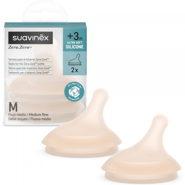Lot de 2 tétines anti-colique pour biberon zerø.zerø débit moyen light Suavinex