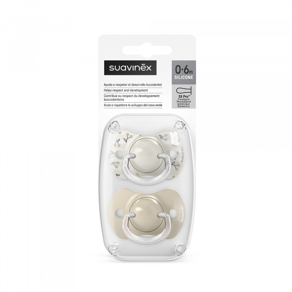 Lot de 2 sucettes symétriques sx pro birdies 0-6 mois beige Suavinex