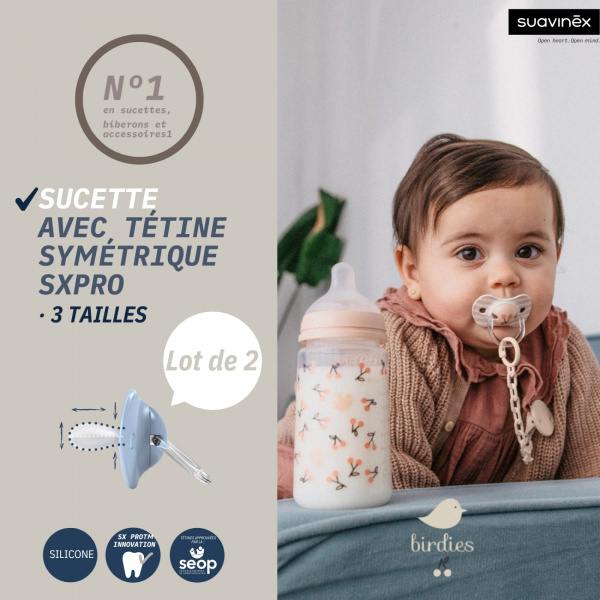 Lot de 2 sucettes symétriques sx pro birdies 0-6 mois beige Suavinex