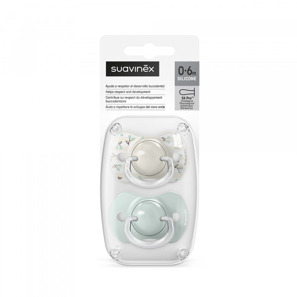 Lot de 2 sucettes symétriques sx pro birdies 0-6 mois vert Suavinex