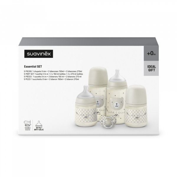 Coffret nouveau-né bébé wild&free avec biberons et sucette sx pro beige Suavinex