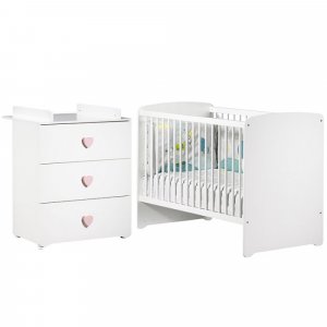 Chambre bébé duo lit bébé 120x60 blanc + commode à langer 3 tiroirs boutons coeur basic Baby price