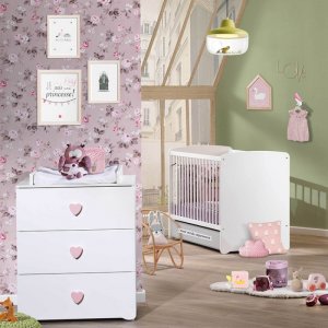 Chambre bébé duo lit bébé 120x60 blanc + commode à langer 3 tiroirs boutons coeur basic Baby price