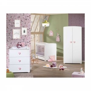 Chambre bébé trio lit bébé blanc + commode à langer 3 tiroirs boutons coeur + armoire 2 portes boutons coeur basic Baby price