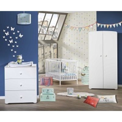 Chambre bébé trio lit bébé blanc 120x60 + commode à langer 3 tiroirs + armoire 2 portes basic blanc