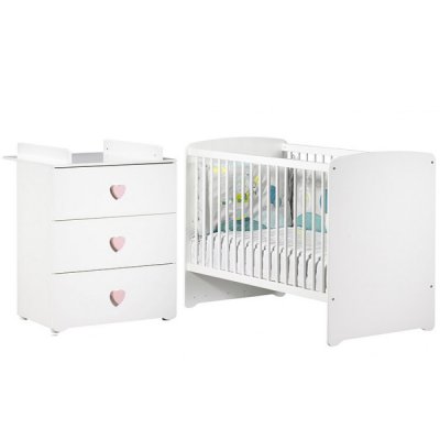 Chambre bébé duo lit bébé 120x60 blanc + commode à langer 3 tiroirs boutons coeur basic