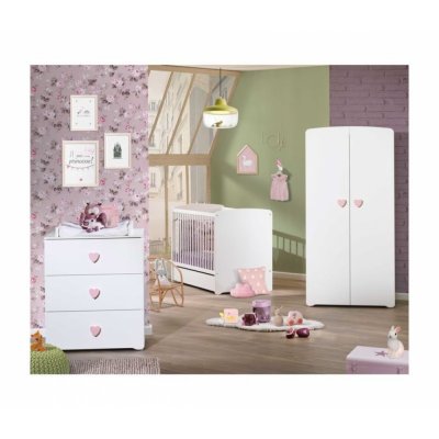 Chambre bébé trio lit bébé blanc + commode à langer 3 tiroirs boutons coeur + armoire 2 portes boutons coeur basic