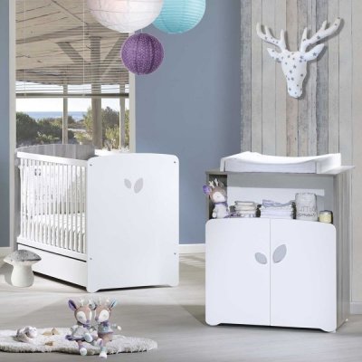 Chambre bébé duo lit bébé 120x60 + commode à langer 2 tiroirs et niche leaf