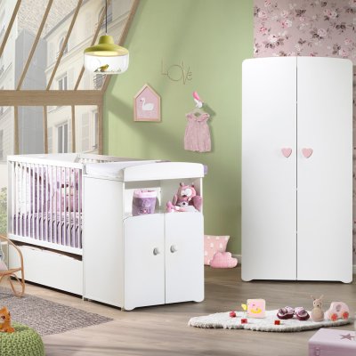 Lit bébé combiné évolutif 60x120 en 90x190 boutons boule blanc