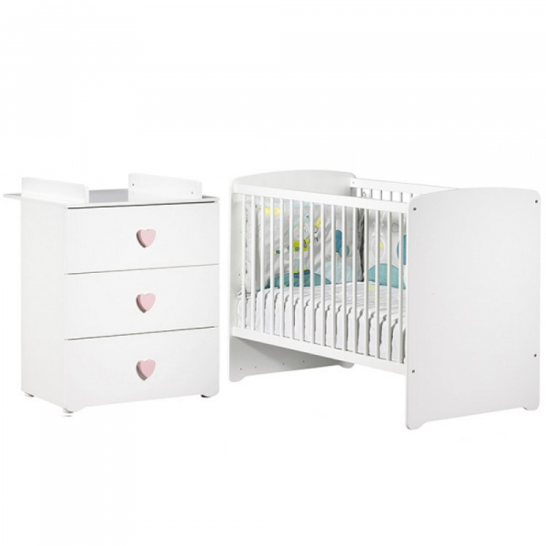 Chambre bébé duo lit bébé 120x60 blanc + commode à langer 3 tiroirs boutons coeur basic Baby price