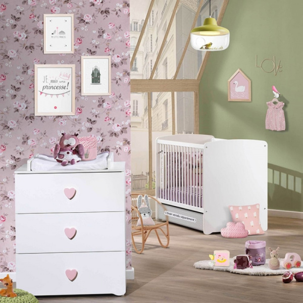 Chambre bébé duo lit bébé 120x60 blanc + commode à langer 3 tiroirs boutons coeur basic Baby price