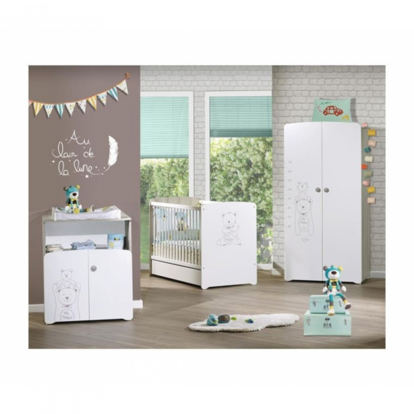 Chambre bébé trio lit bébé 120x60 + commode 2 portes + armoire 2 portes teddy Baby price