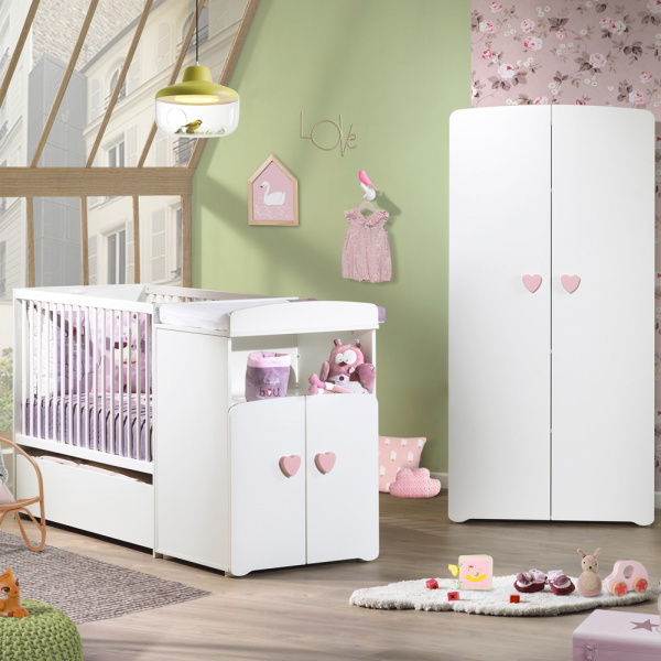 Lit bébé combiné évolutif 60x120 en 90x190 boutons coeur rose Baby price