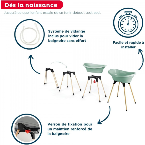 Baignoire vasco avec pied et tuyau vert sauge Thermobaby