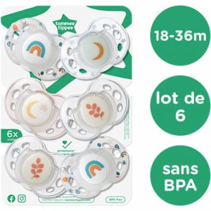 Lot de 6 sucettes nuit closer to nature classique 18-36 mois garçon Tommee tippee